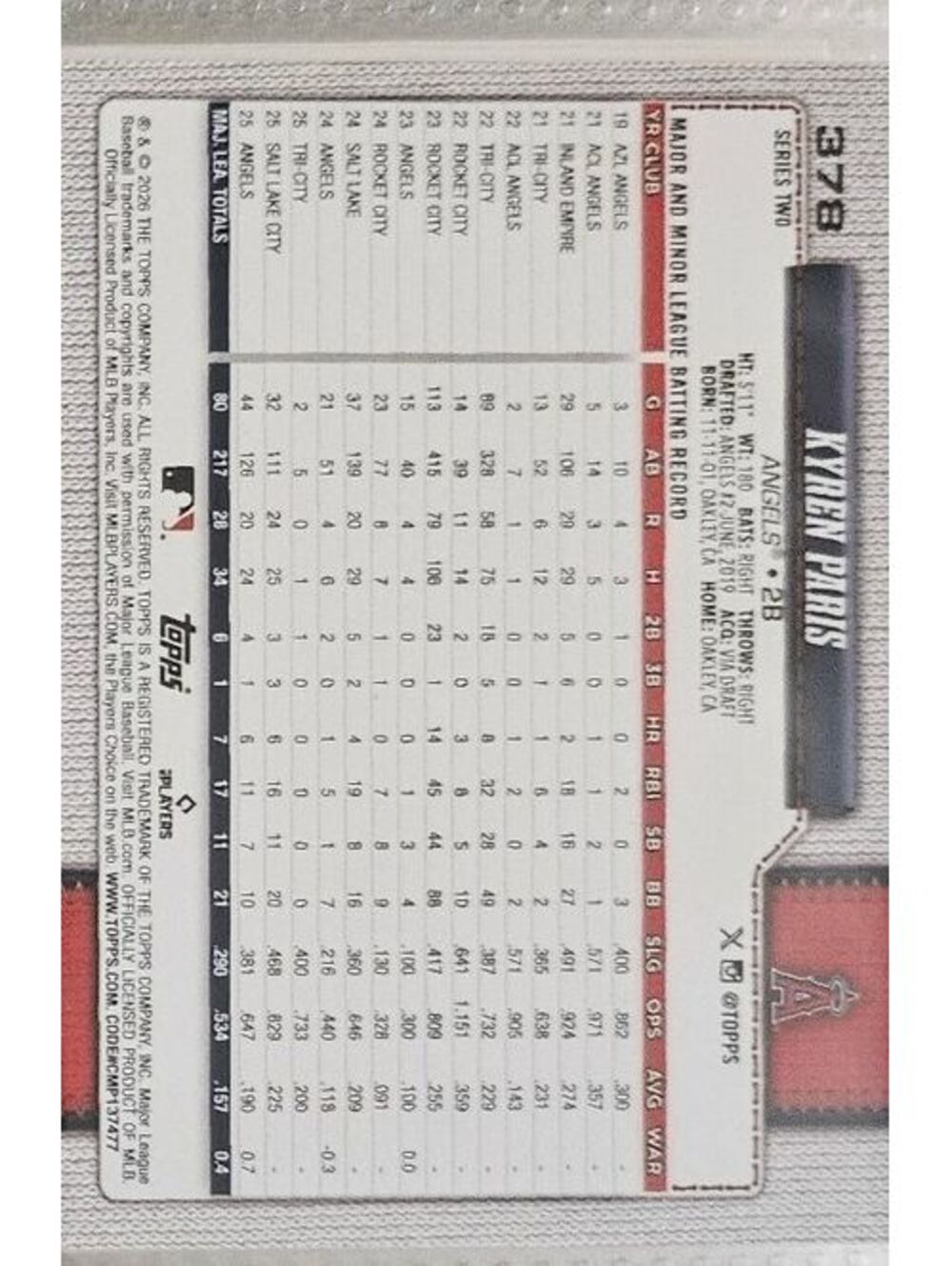 2026 Topps Baseball Kyren Paris #378 - Picture 2 of 2
